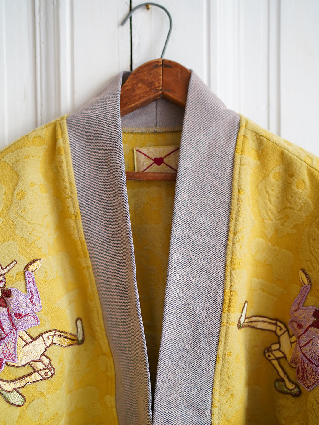 Unlogical Poem Pinocchio Embroidery Patchwork Yellow Kimono