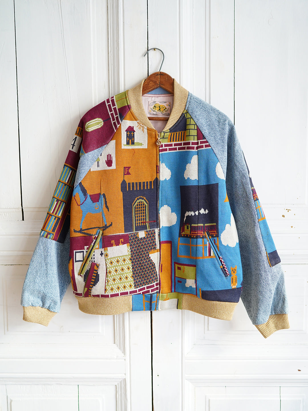 Unlogical Poem Illustration Knitted Print Patchwork Denim Souvenir Jacket