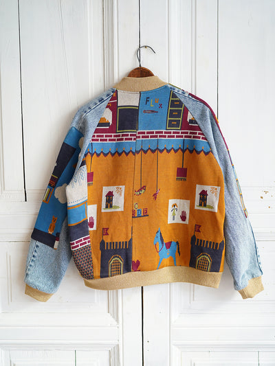 Unlogical Poem Illustration Knitted Print Patchwork Denim Souvenir Jacket