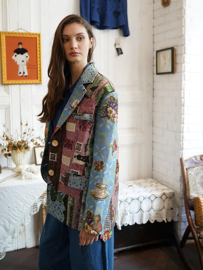 Unlogical Poem Cottage Style Yarn-dyed Patchwork Blazer