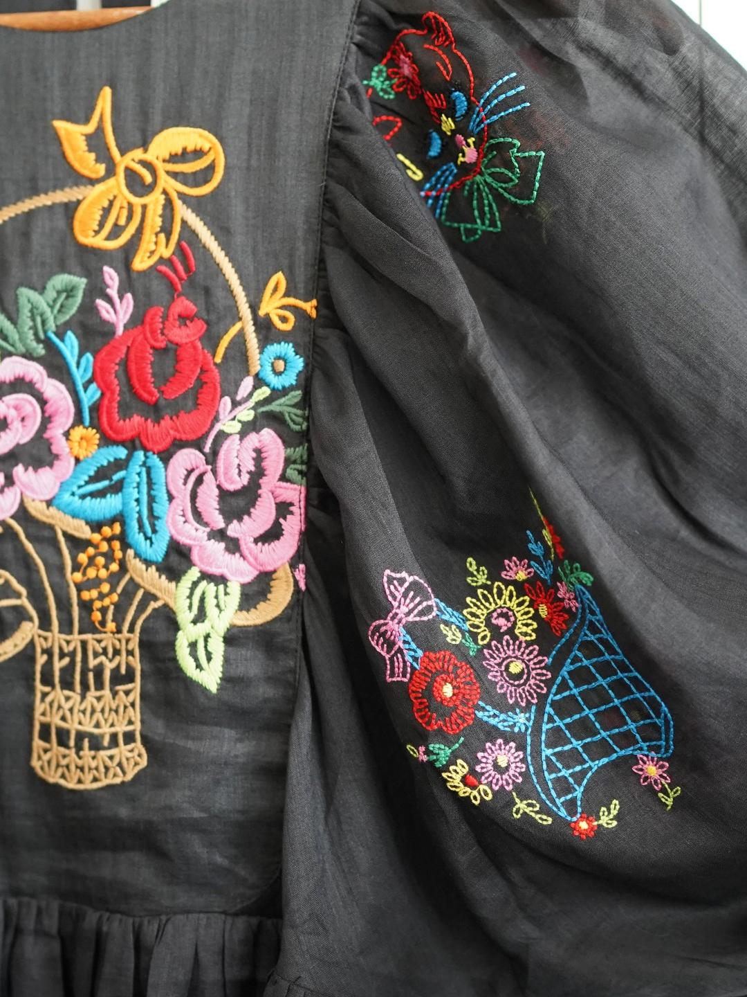 Unlogical Poem Puff Sleeve Ramie Embroidery  Dress