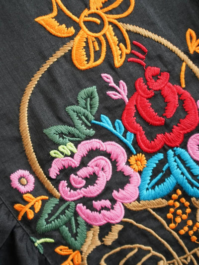 Unlogical Poem Puff Sleeve Ramie Embroidery  Dress