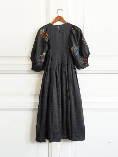 Unlogical Poem Puff Sleeve Ramie Embroidery  Dress