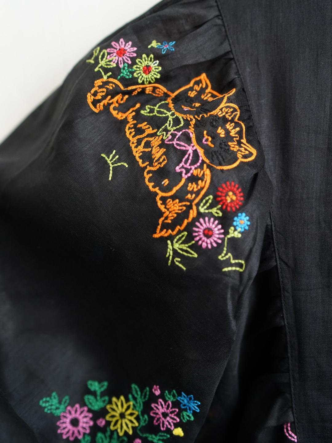 Unlogical Poem Puff Sleeve Ramie Embroidery  Dress
