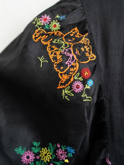 Unlogical Poem Puff Sleeve Ramie Embroidery  Dress