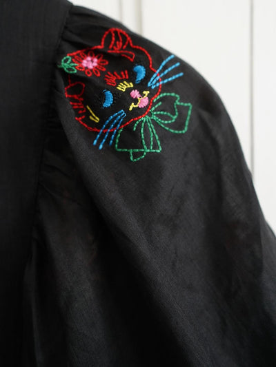 Unlogical Poem Puff Sleeve Ramie Embroidery  Dress