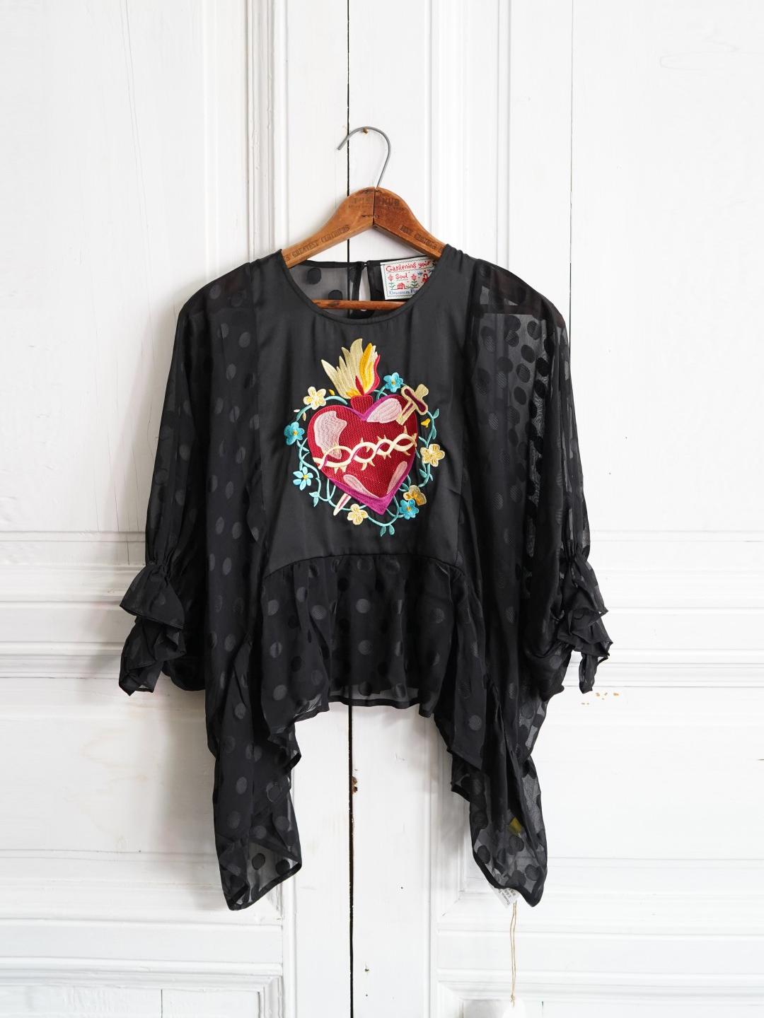 Unlogical Poem Polka Dot Tulle Illustration Print Silk Blouse