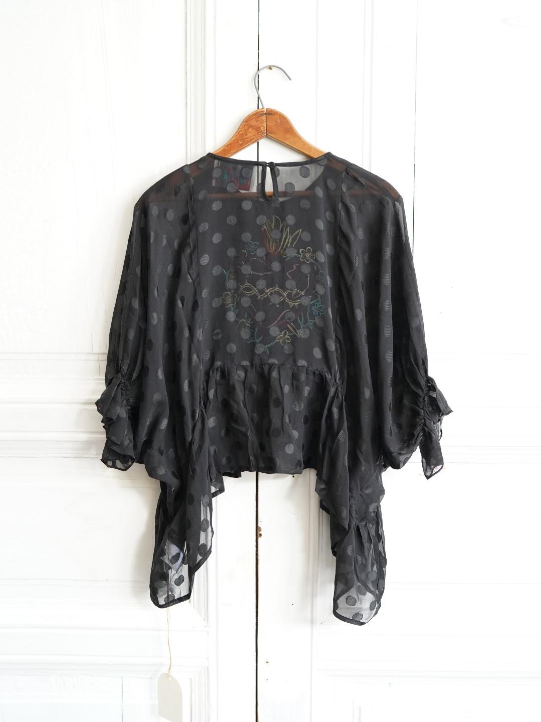 Unlogical Poem Polka Dot Tulle Illustration Print Silk Blouse