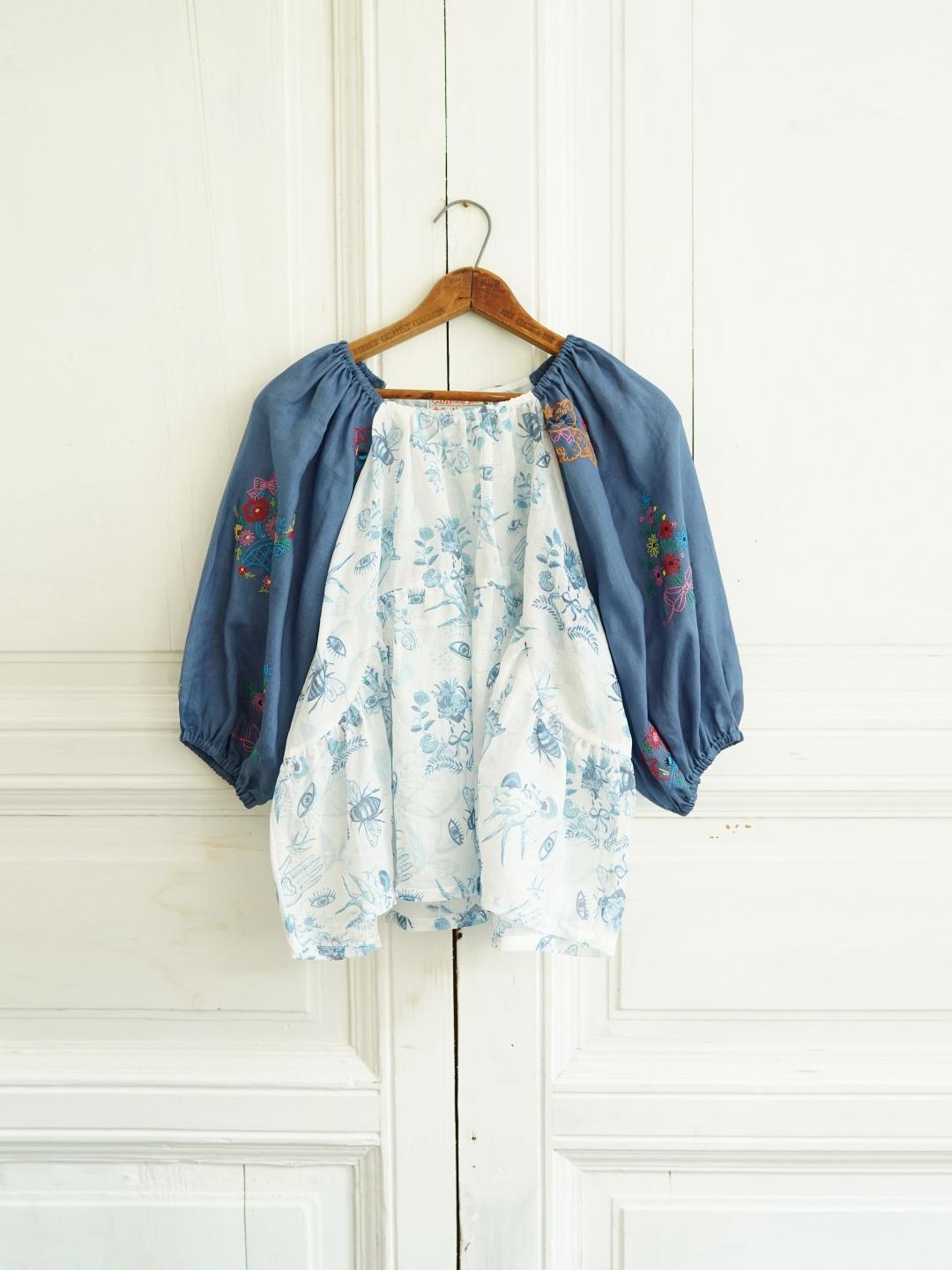 Unlogical Poem Hand-Painted Illustration Print Ramie Patchwork Denim Embroidered Top