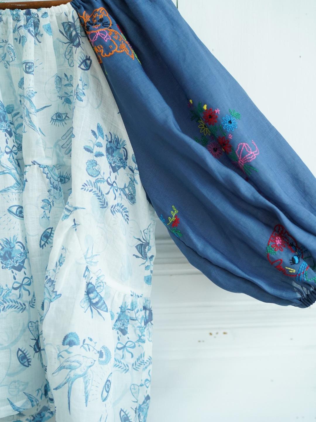 Unlogical Poem Hand-Painted Illustration Print Ramie Patchwork Denim Embroidered Top