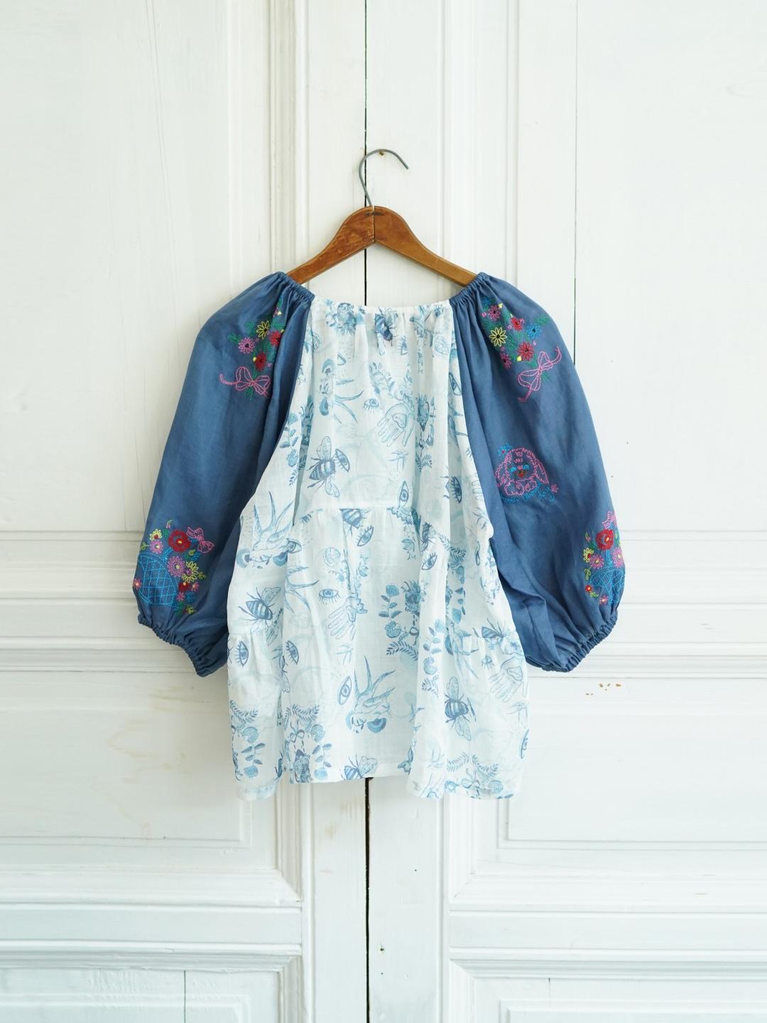 Unlogical Poem Hand-Painted Illustration Print Ramie Patchwork Denim Embroidered Top