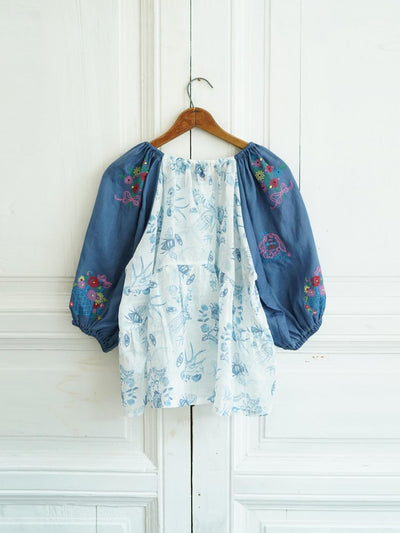Unlogical Poem Hand-Painted Illustration Print Ramie Patchwork Denim Embroidered Top