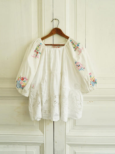 Unlogical Poem Antique Cotton Poetry-Embroidered Crochet Blouse