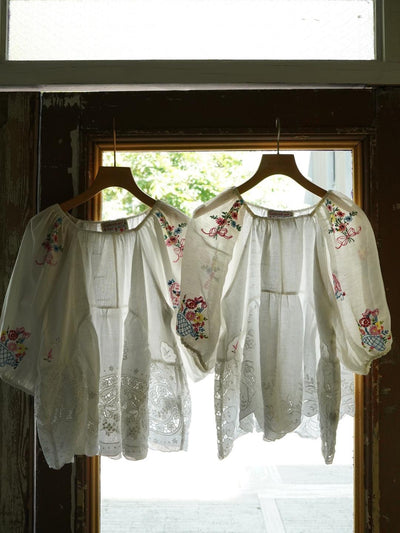Unlogical Poem Antique Cotton Poetry-Embroidered Crochet Blouse