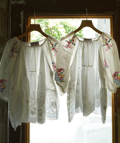 Unlogical Poem Antique Cotton Poetry-Embroidered Crochet Blouse