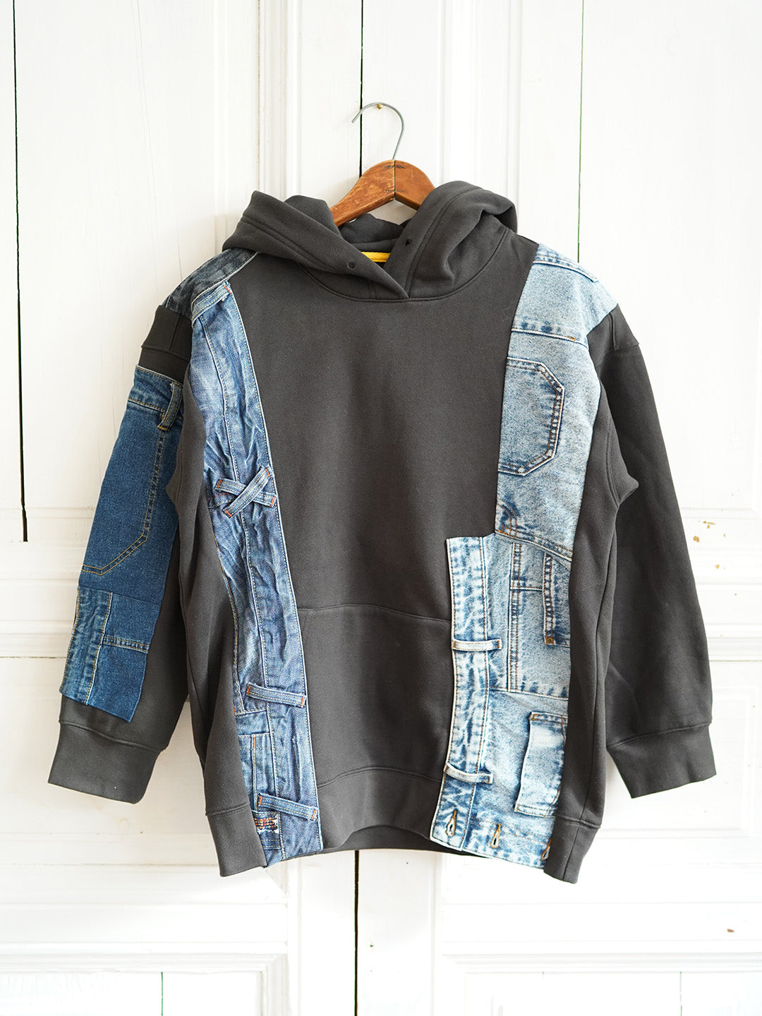 Unlogical Poem Denim Patchwork Black Hoodie