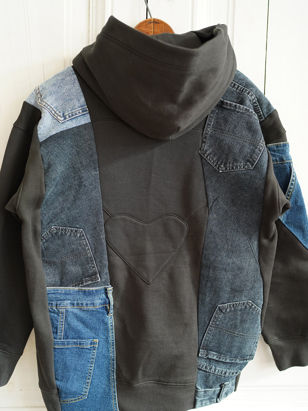 Unlogical Poem Denim Patchwork Black Hoodie