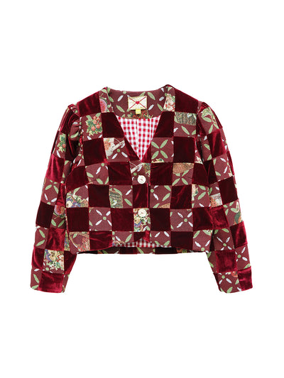 Unlogical Poem Retro-style Velvet and Yarn-dyed Patchwork Red Blazer