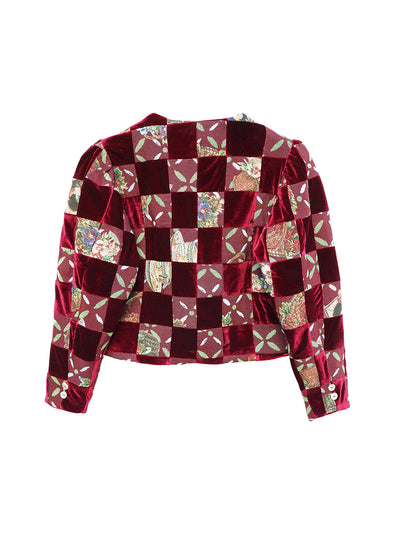 Unlogical Poem Retro-style Velvet and Yarn-dyed Patchwork Red Blazer