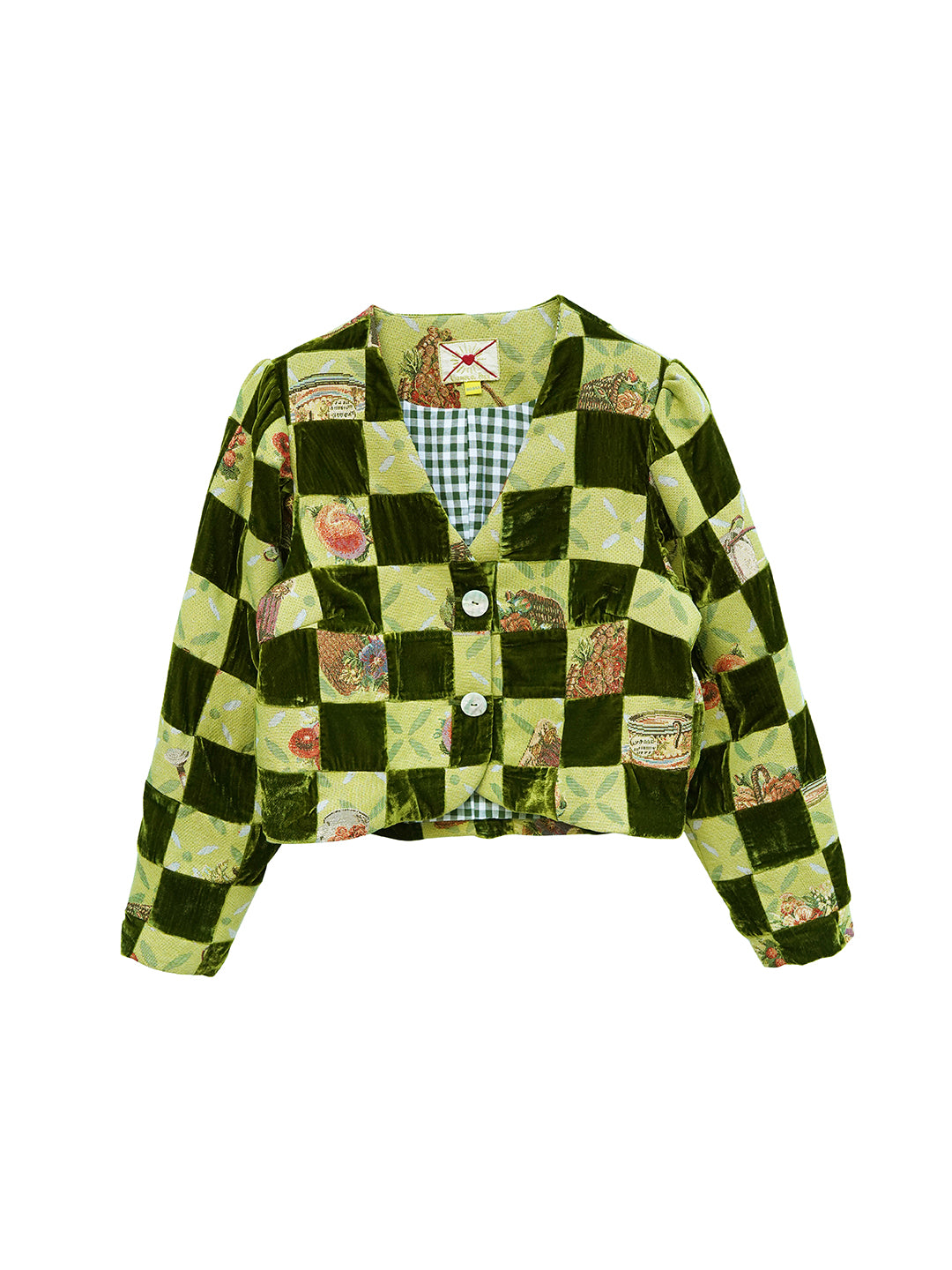 Unlogical Poem Retro-style Velvet and Yarn-dyed Patchwork Green Blazer