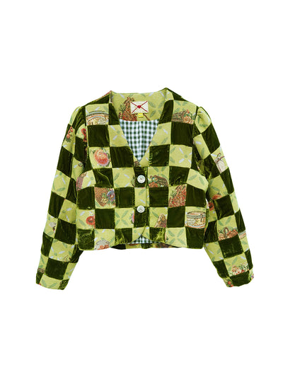 Unlogical Poem Retro-style Velvet and Yarn-dyed Patchwork Green Blazer