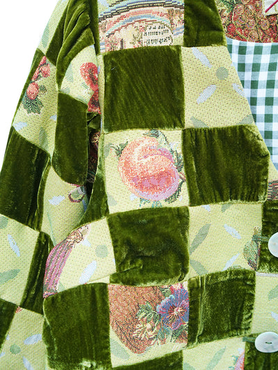Unlogical Poem Retro-style Velvet and Yarn-dyed Patchwork Green Blazer