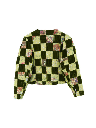 Unlogical Poem Retro-style Velvet and Yarn-dyed Patchwork Green Blazer