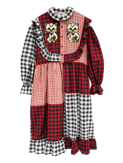 Unlogical Poem Cat Embroidered Gingham Patchwork Dress