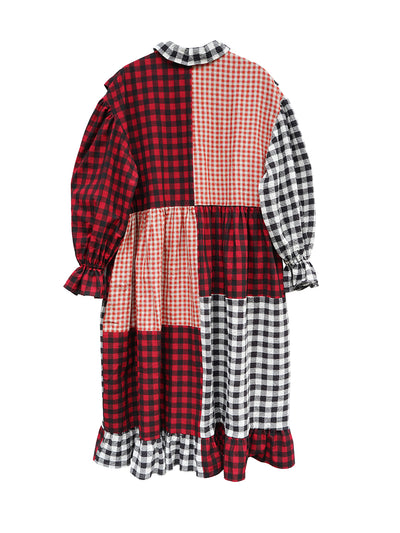 Unlogical Poem Cat Embroidered Gingham Patchwork Dress