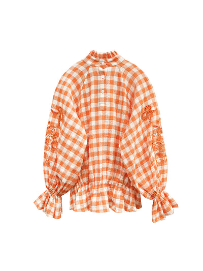 Unlogical Poem Victorian-style Orange Gingham Bow Shirt