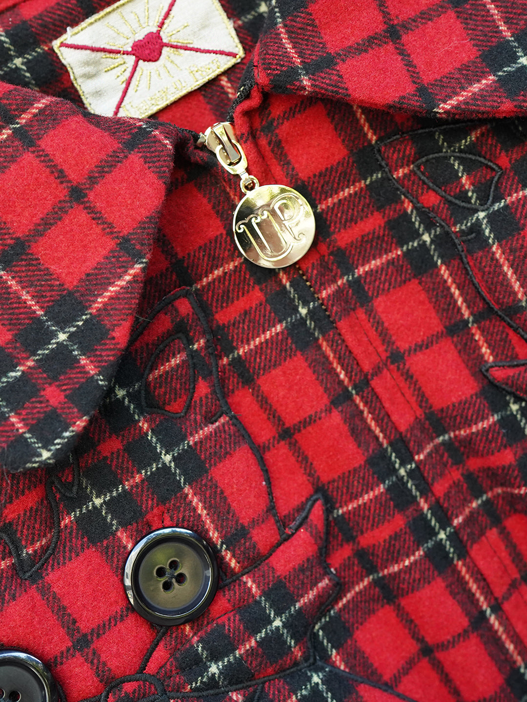 Unlogical Poem Cat Embroidered Red Tartan Wool Jacket