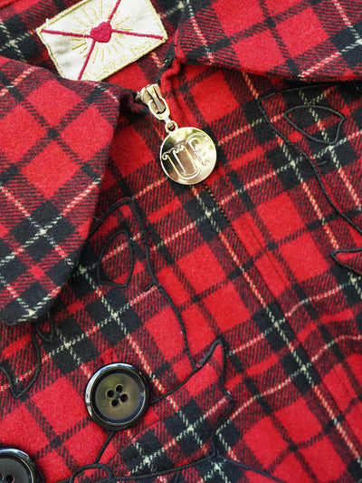 Unlogical Poem Cat Embroidered Red Tartan Wool Jacket