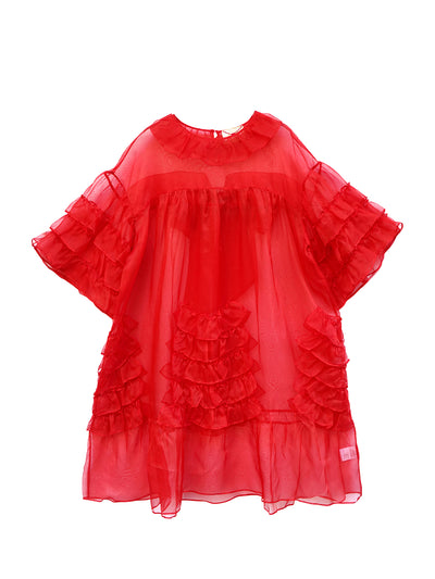 Unlogical Poem Vintage Style Ruffle Red Silk Dress Smock