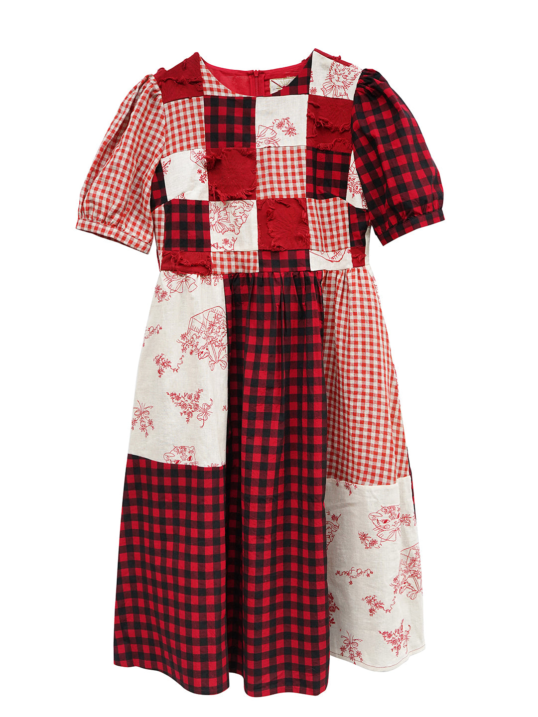 Unlogical Poem  Gingham and Embroidered Fabric Red Patchwork Dress