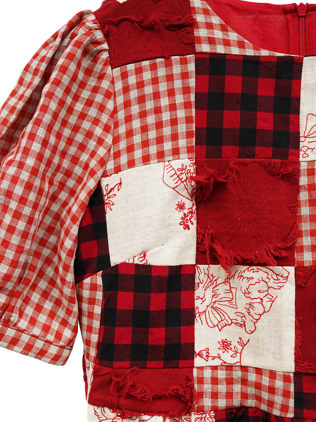 Unlogical Poem  Gingham and Embroidered Fabric Red Patchwork Dress