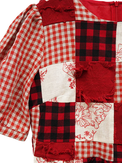 Unlogical Poem  Gingham and Embroidered Fabric Red Patchwork Dress