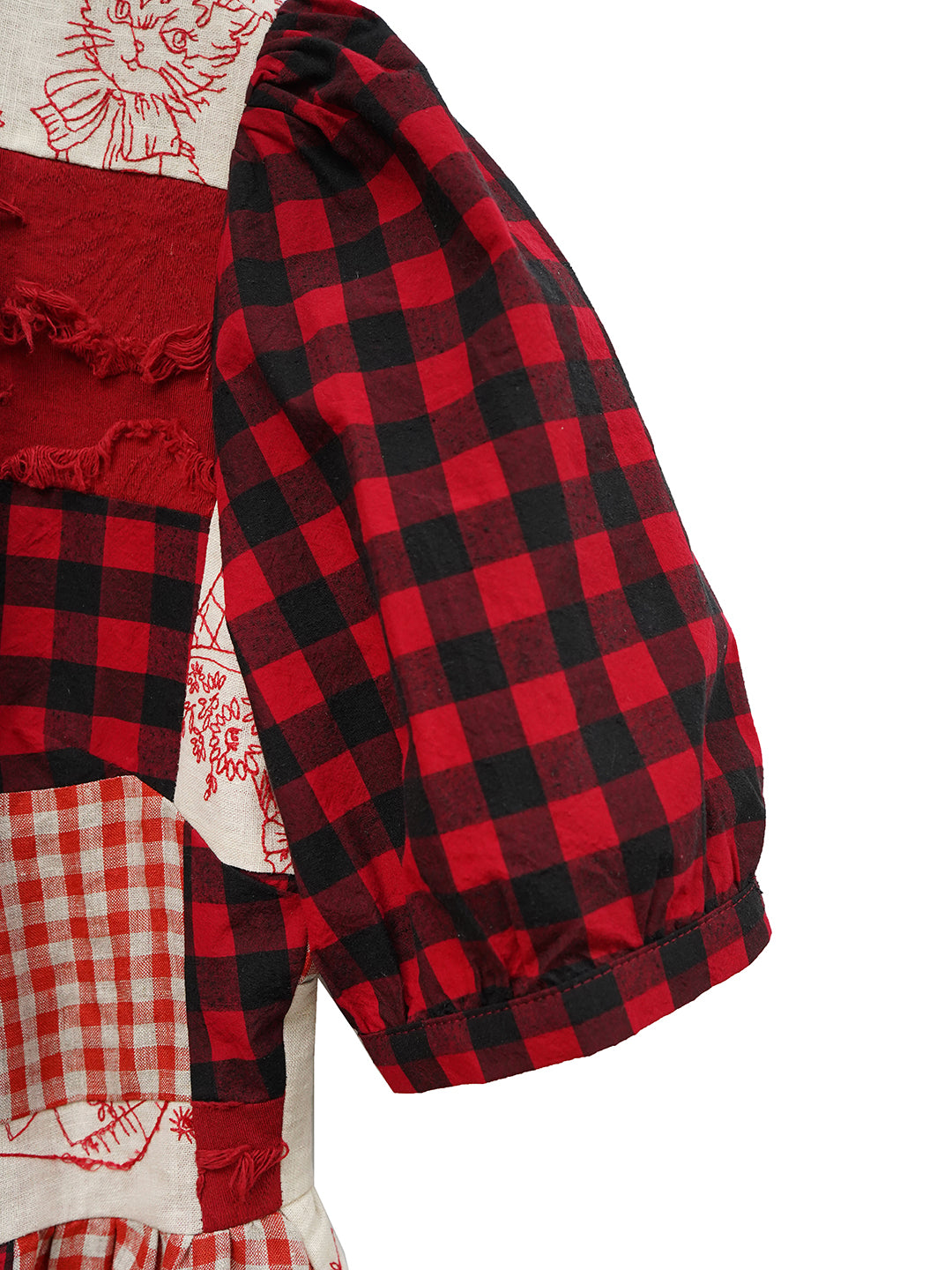 Unlogical Poem  Gingham and Embroidered Fabric Red Patchwork Dress