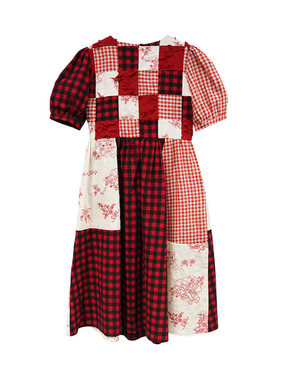 Unlogical Poem  Gingham and Embroidered Fabric Red Patchwork Dress