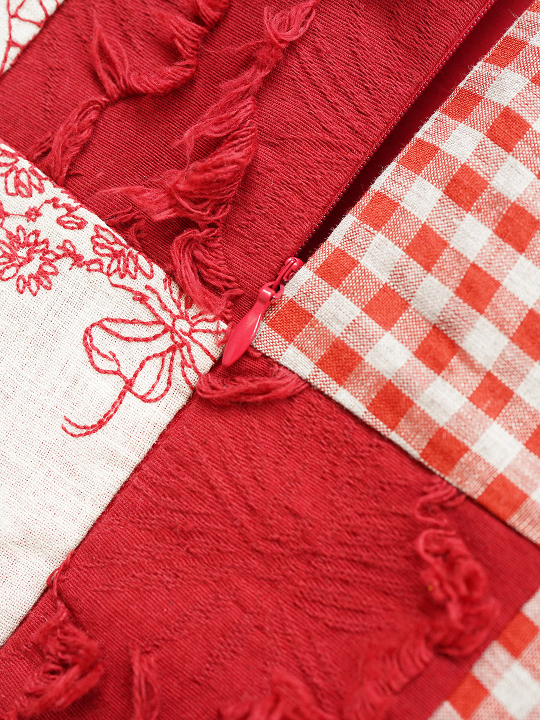 Unlogical Poem  Gingham and Embroidered Fabric Red Patchwork Dress