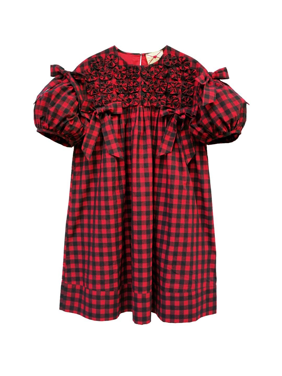 Unlogical Poem Handmade Yoyo Flower Bow Short Gingham Bud Dress