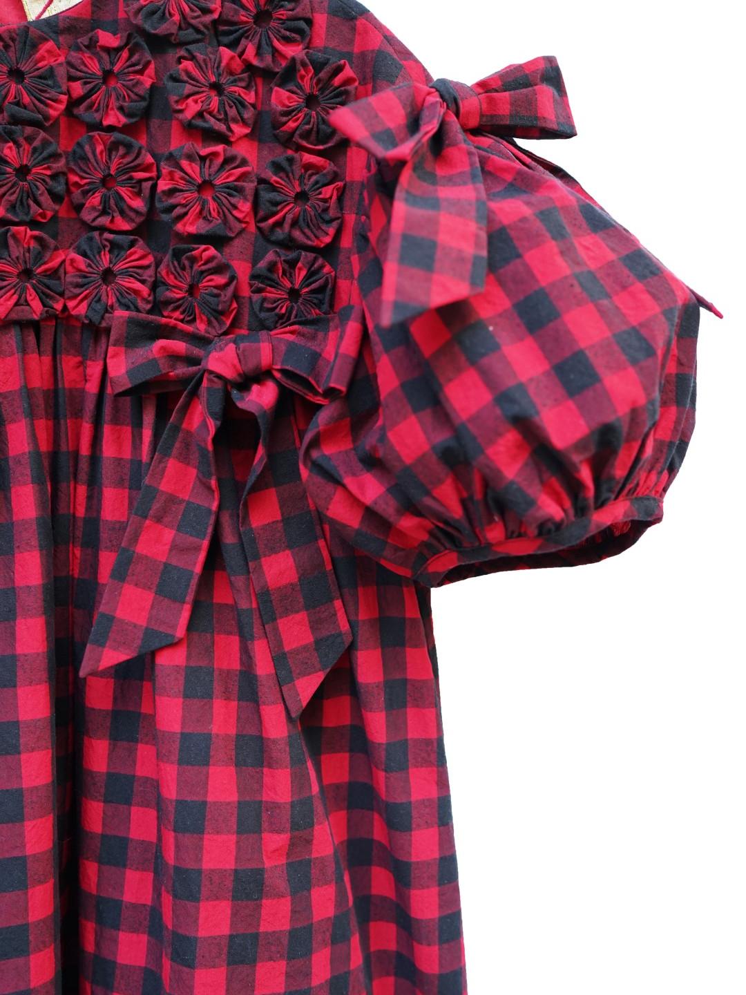 Unlogical Poem Handmade Yoyo Flower Bow Short Gingham Bud Dress