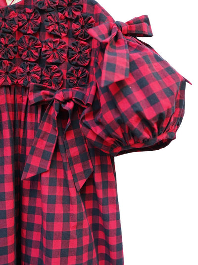 Unlogical Poem Handmade Yoyo Flower Bow Short Gingham Bud Dress