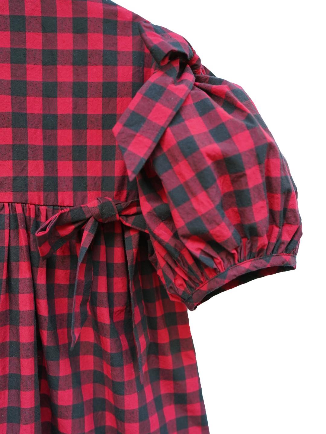 Unlogical Poem Handmade Yoyo Flower Bow Short Gingham Bud Dress