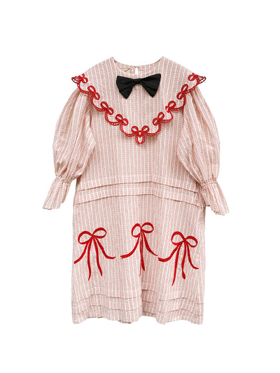 Unlogical Poem Bow Embroidered Cotton Linen Dress