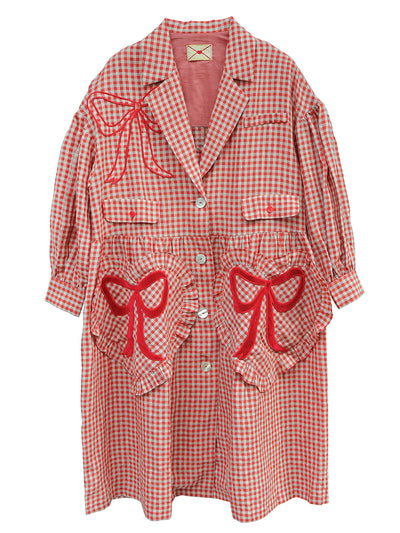 Unlogical Poem Bow and Heart Patchwork Embroidery Gingham Linen Long Coat