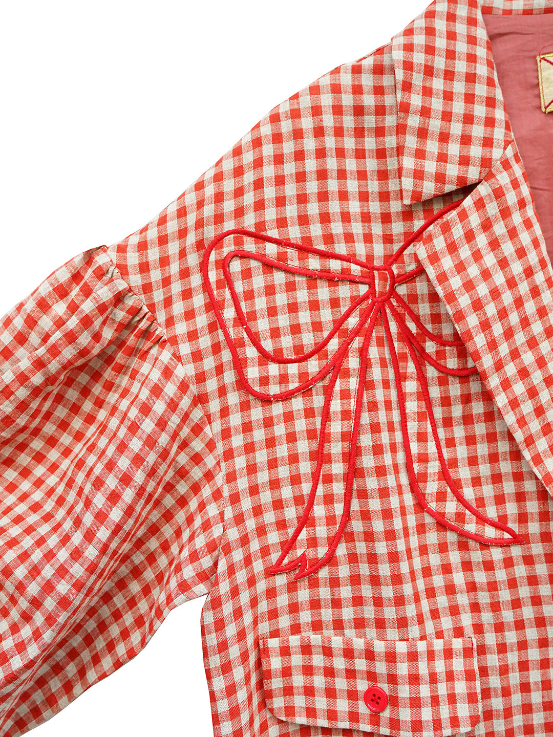 Unlogical Poem Bow and Heart Patchwork Embroidery Gingham Linen Long Coat