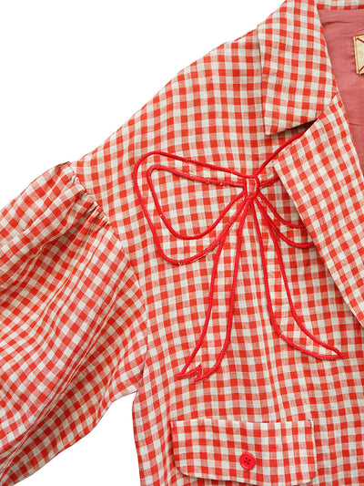 Unlogical Poem Bow and Heart Patchwork Embroidery Gingham Linen Long Coat