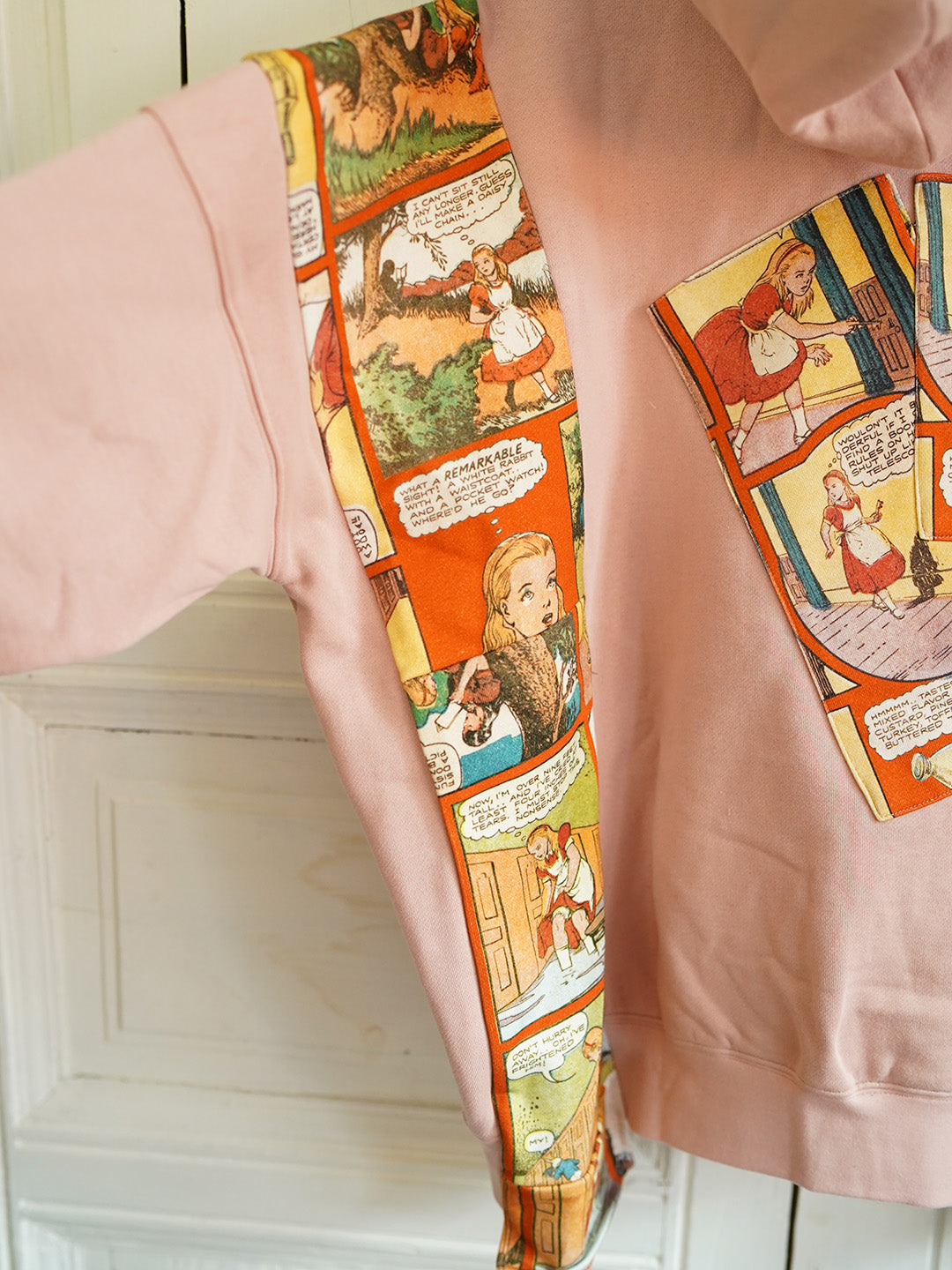 Unlogical Poem Alice in Wonderland Print Patchwork Pink Hoodie