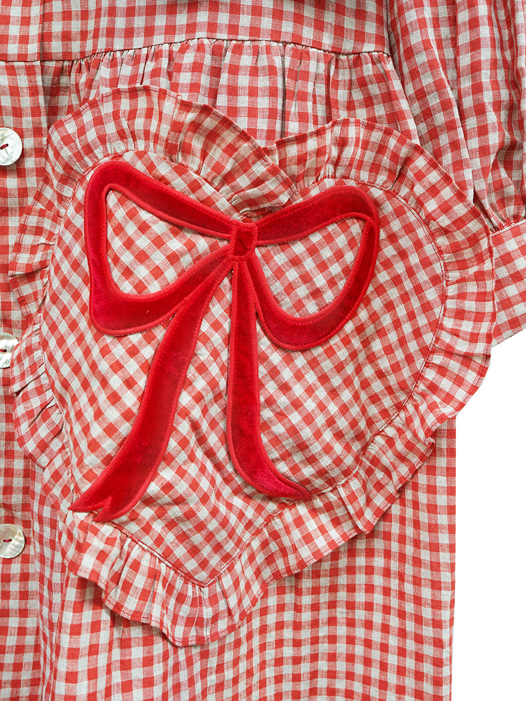 Unlogical Poem Bow and Heart Patchwork Embroidery Gingham Linen Long Coat