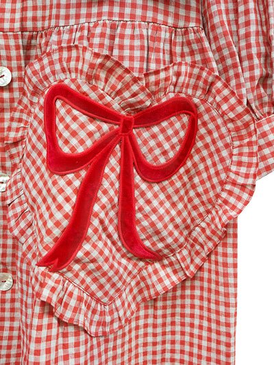 Unlogical Poem Bow and Heart Patchwork Embroidery Gingham Linen Long Coat